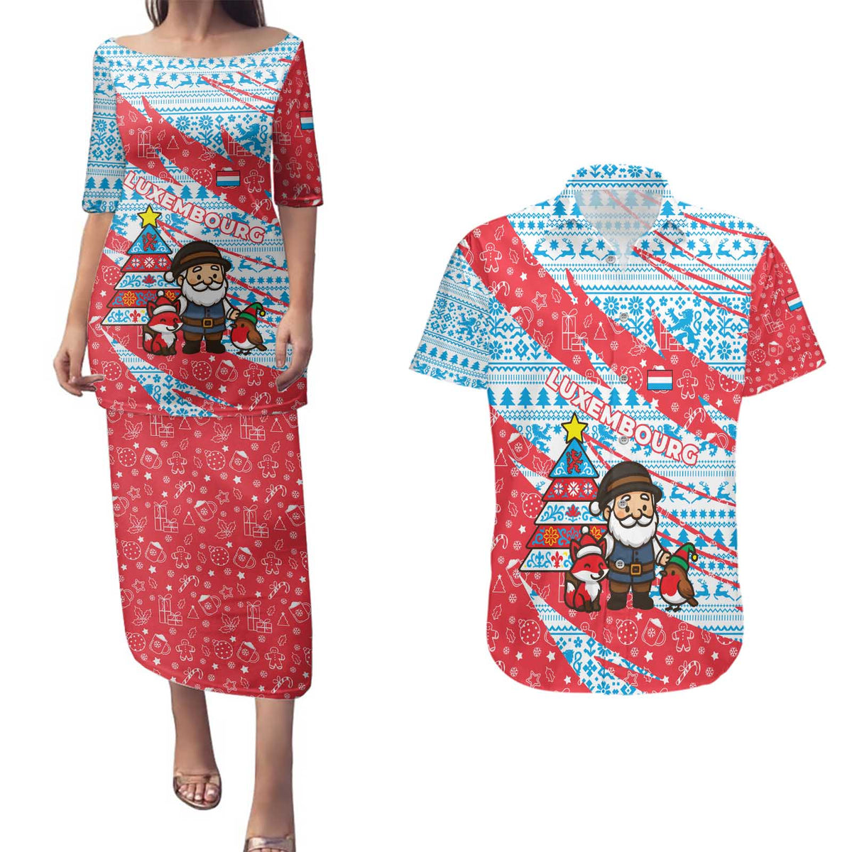 Luxembourg Christmas Couples Matching Puletasi and Hawaiian Shirt with Santa Claus Fox Reindeer Tree and Red Blue Pattern Design - Wonder Print Shop