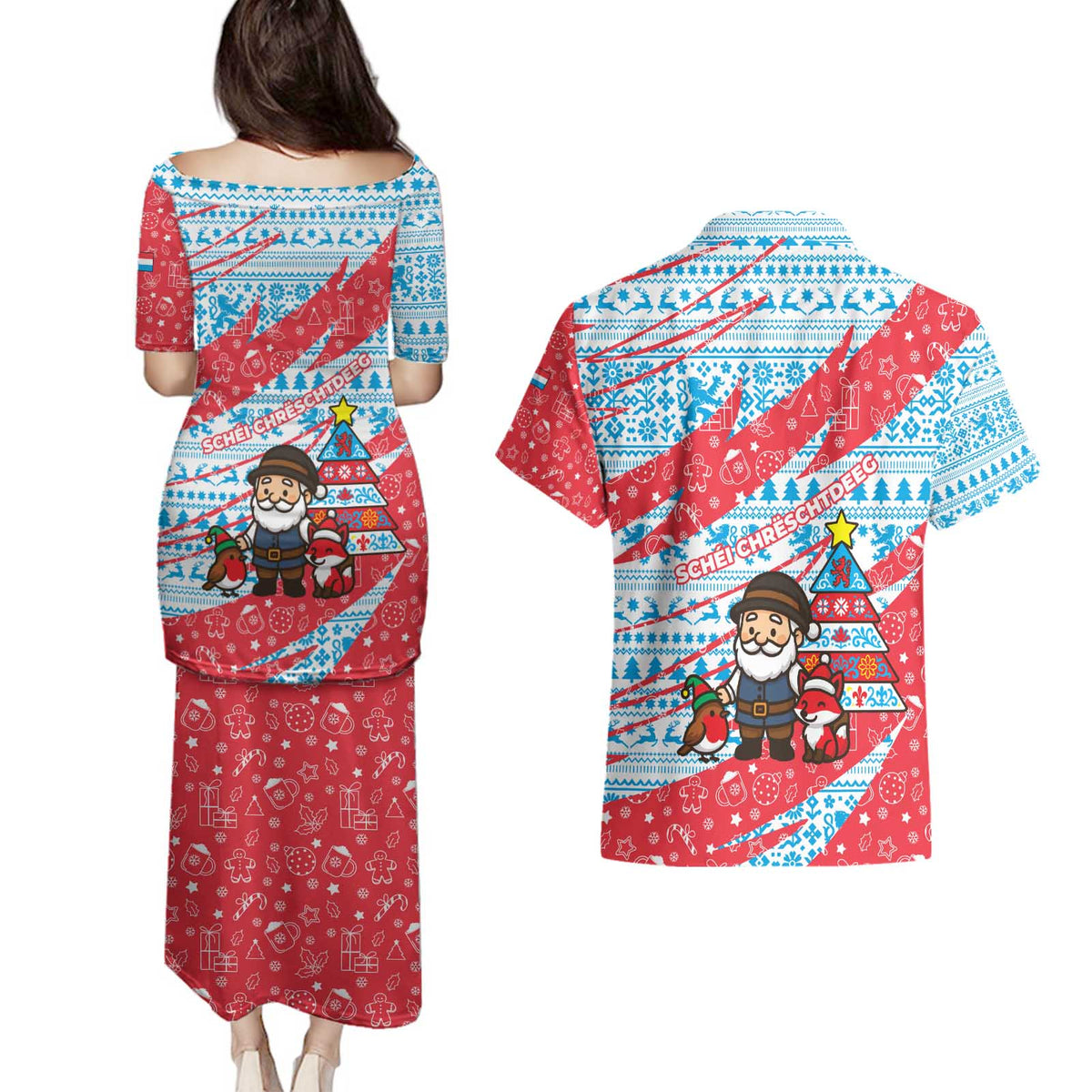Luxembourg Christmas Couples Matching Puletasi and Hawaiian Shirt with Santa Claus Fox Reindeer Tree and Red Blue Pattern Design - Wonder Print Shop