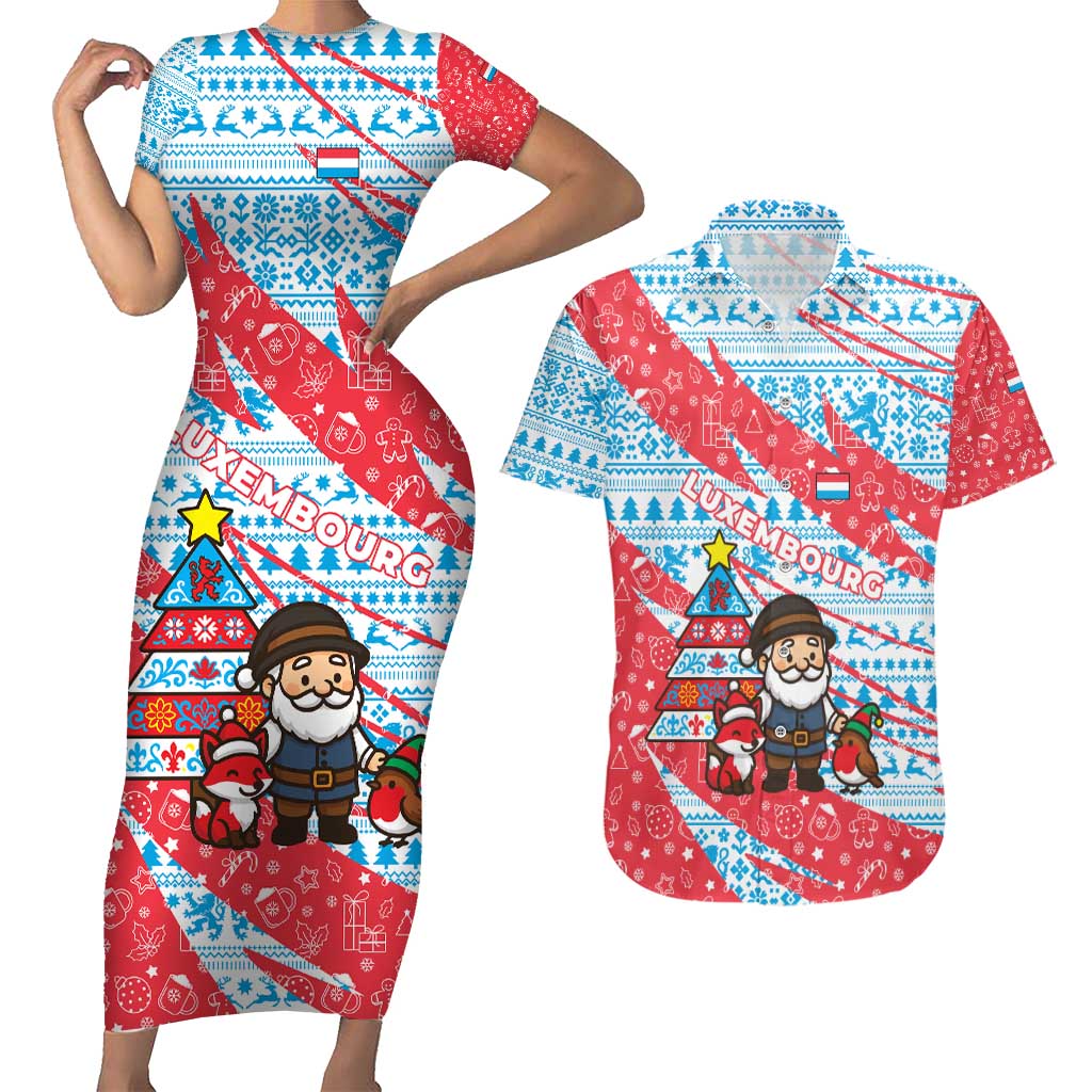Luxembourg Christmas Couples Matching Short Sleeve Bodycon Dress and Hawaiian Shirt with Santa Claus Fox Reindeer Tree and Red Blue Pattern Design - Wonder Print Shop