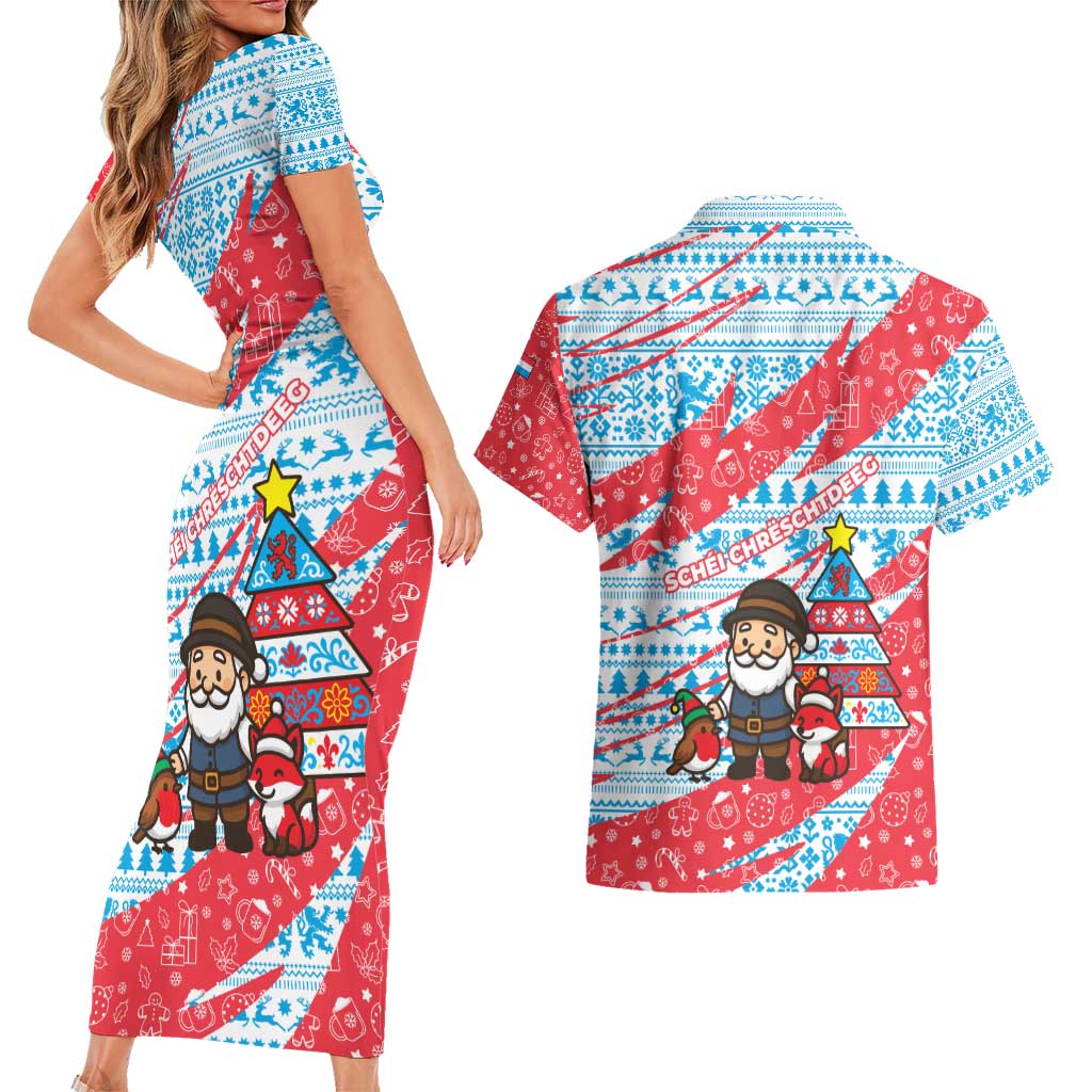 Luxembourg Christmas Couples Matching Short Sleeve Bodycon Dress and Hawaiian Shirt with Santa Claus Fox Reindeer Tree and Red Blue Pattern Design - Wonder Print Shop