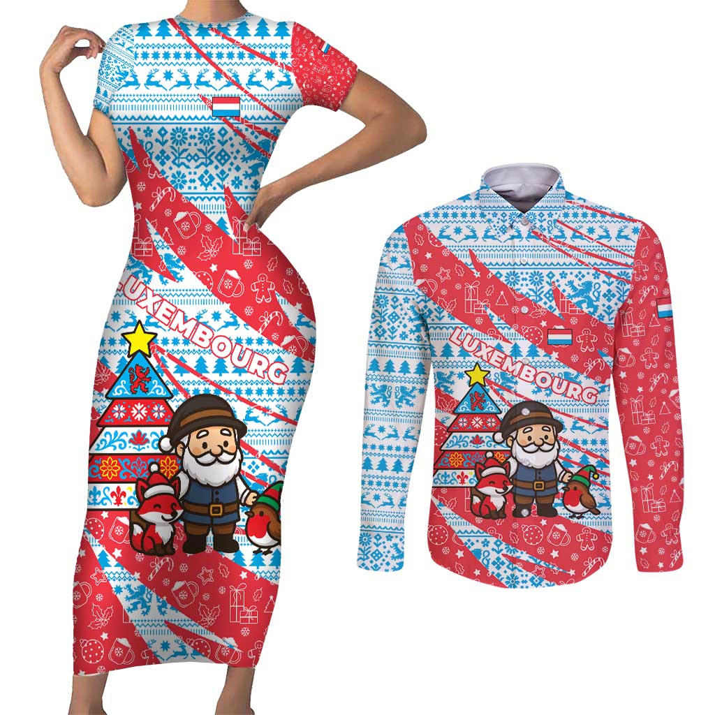 Luxembourg Christmas Couples Matching Short Sleeve Bodycon Dress and Long Sleeve Button Shirt with Santa Claus Fox Reindeer Tree and Red Blue Pattern Design - Wonder Print Shop