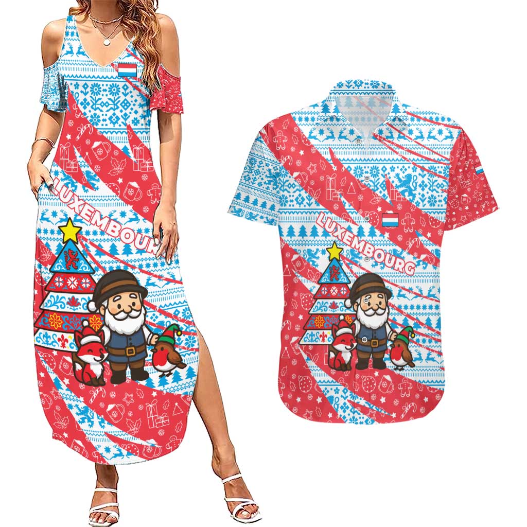 Luxembourg Christmas Couples Matching Summer Maxi Dress and Hawaiian Shirt with Santa Claus Fox Reindeer Tree and Red Blue Pattern Design - Wonder Print Shop