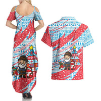 Luxembourg Christmas Couples Matching Summer Maxi Dress and Hawaiian Shirt with Santa Claus Fox Reindeer Tree and Red Blue Pattern Design - Wonder Print Shop