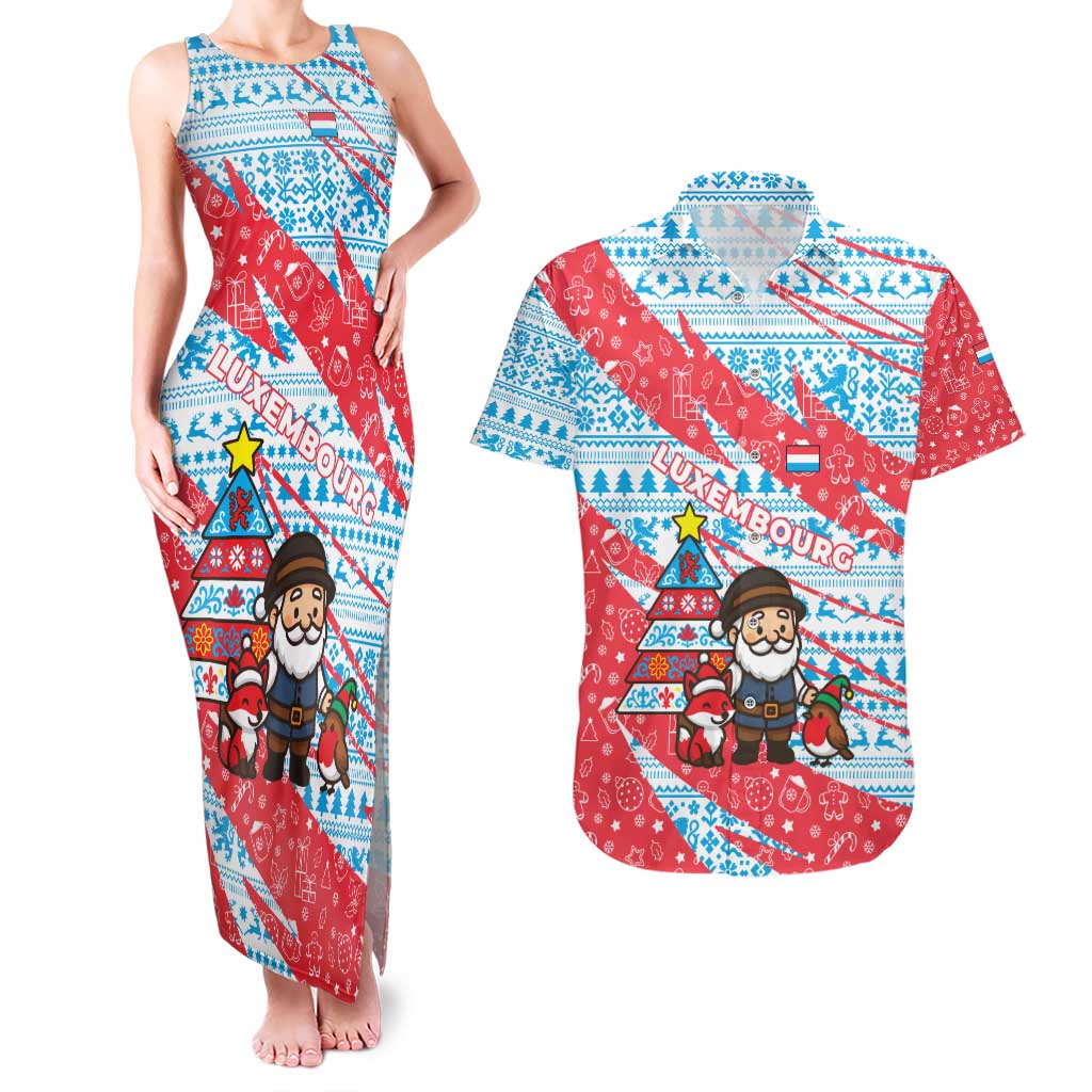 Luxembourg Christmas Couples Matching Tank Maxi Dress and Hawaiian Shirt with Santa Claus Fox Reindeer Tree and Red Blue Pattern Design - Wonder Print Shop