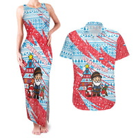 Luxembourg Christmas Couples Matching Tank Maxi Dress and Hawaiian Shirt with Santa Claus Fox Reindeer Tree and Red Blue Pattern Design - Wonder Print Shop