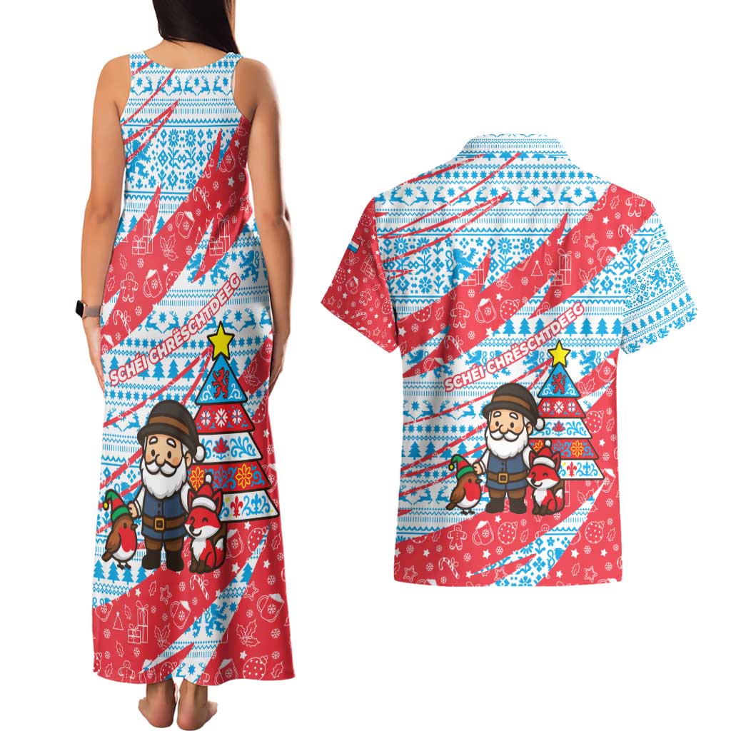 Luxembourg Christmas Couples Matching Tank Maxi Dress and Hawaiian Shirt with Santa Claus Fox Reindeer Tree and Red Blue Pattern Design - Wonder Print Shop