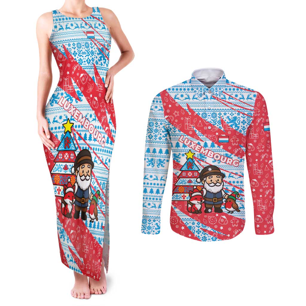 Luxembourg Christmas Couples Matching Tank Maxi Dress and Long Sleeve Button Shirt with Santa Claus Fox Reindeer Tree and Red Blue Pattern Design - Wonder Print Shop