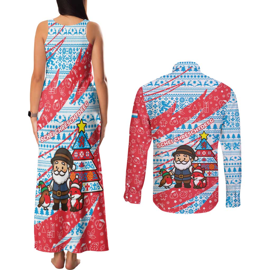 Luxembourg Christmas Couples Matching Tank Maxi Dress and Long Sleeve Button Shirt with Santa Claus Fox Reindeer Tree and Red Blue Pattern Design - Wonder Print Shop