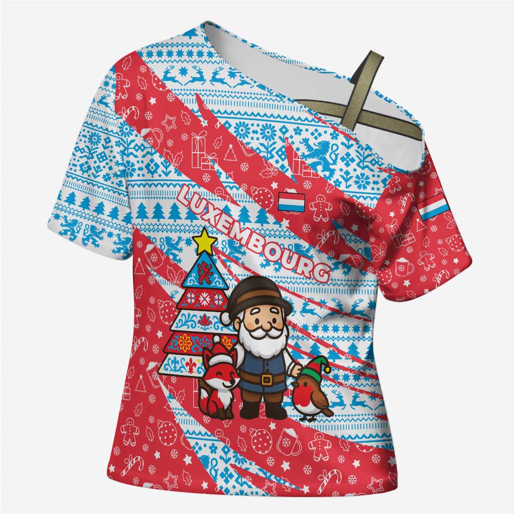Luxembourg Christmas Cross Shoulder Shirt with Santa Claus Fox Reindeer Tree and Red Blue Pattern Design - Wonder Print Shop