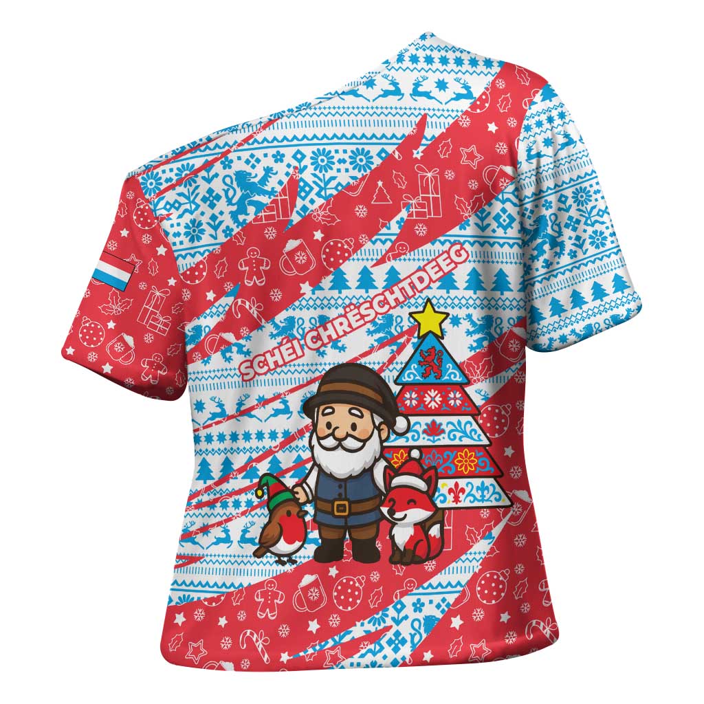 Luxembourg Christmas Cross Shoulder Shirt with Santa Claus Fox Reindeer Tree and Red Blue Pattern Design - Wonder Print Shop