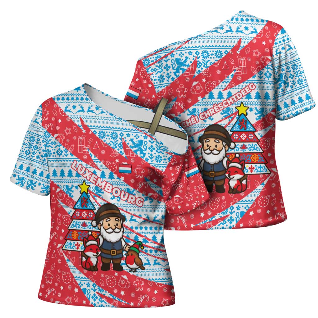 Luxembourg Christmas Cross Shoulder Shirt with Santa Claus Fox Reindeer Tree and Red Blue Pattern Design - Wonder Print Shop