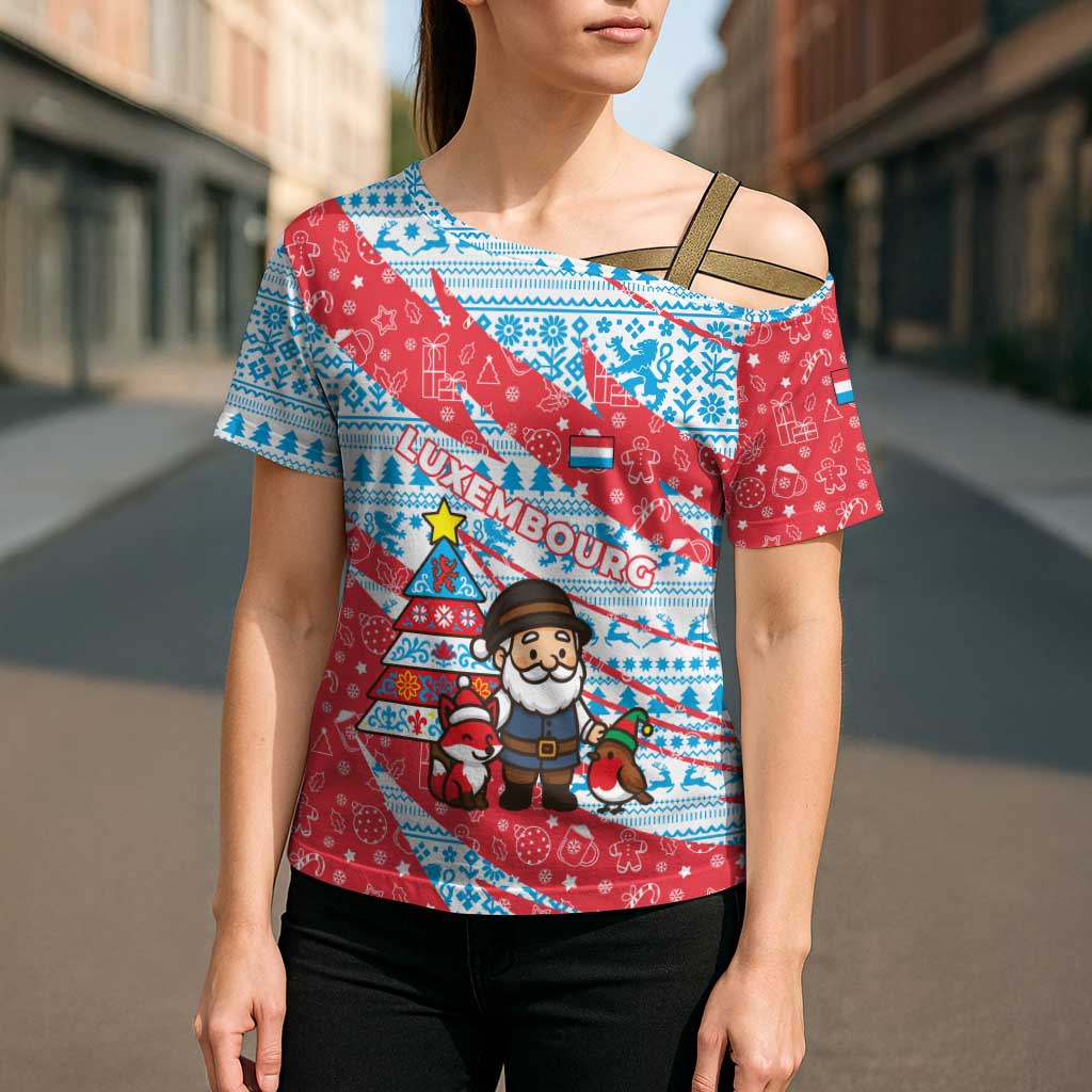 Luxembourg Christmas Cross Shoulder Shirt with Santa Claus Fox Reindeer Tree and Red Blue Pattern Design - Wonder Print Shop