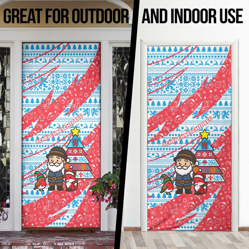Luxembourg Christmas Door Cover with Santa Claus Fox Reindeer Tree and Red Blue Pattern Design - Wonder Print Shop