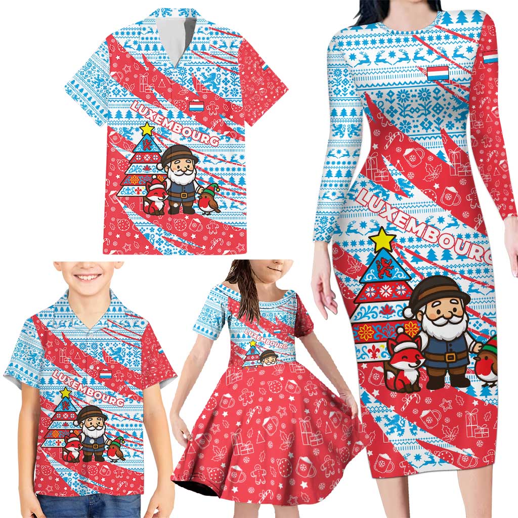 Luxembourg Christmas Family Matching Long Sleeve Bodycon Dress and Hawaiian Shirt with Santa Claus Fox Reindeer Tree and Red Blue Pattern Design - Wonder Print Shop