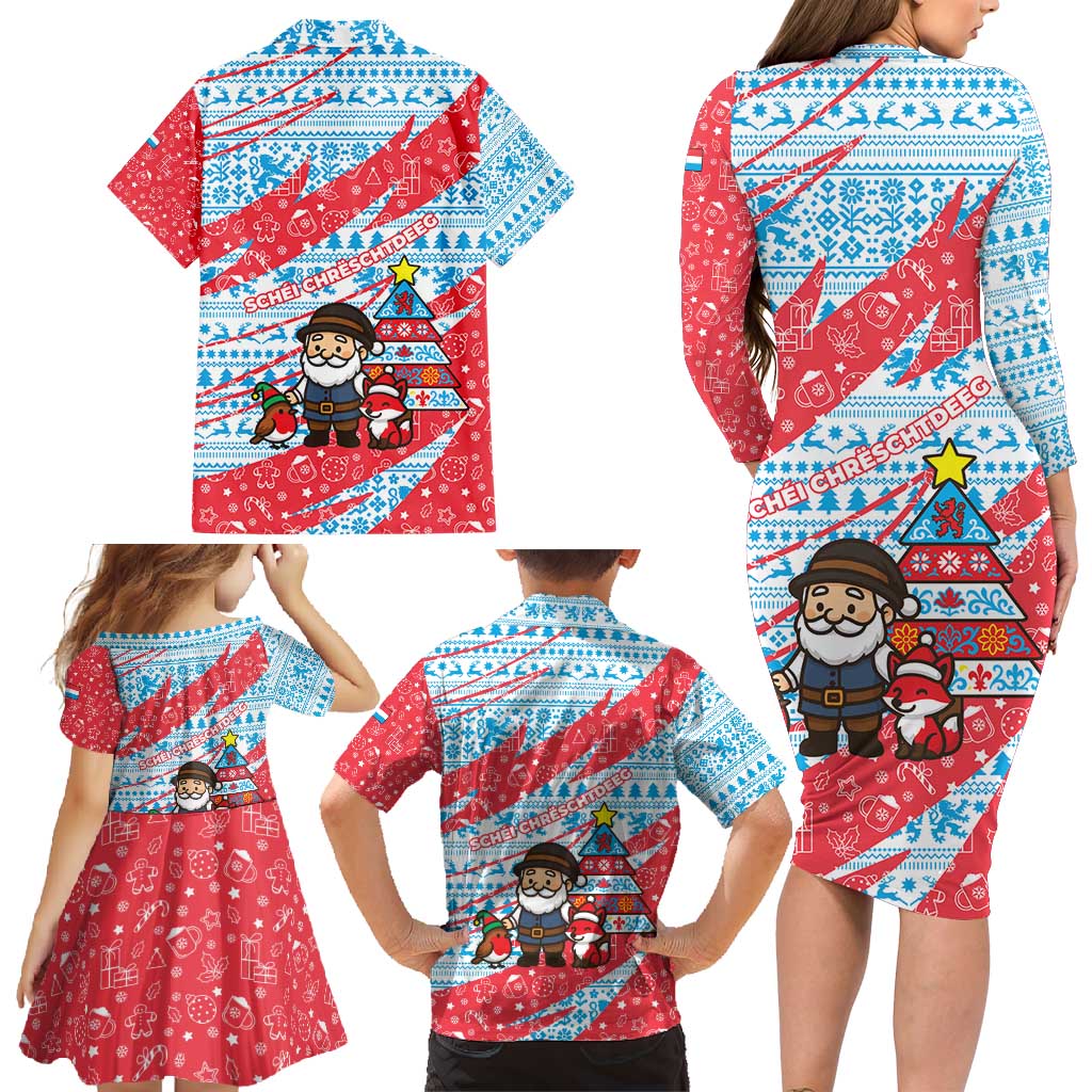 Luxembourg Christmas Family Matching Long Sleeve Bodycon Dress and Hawaiian Shirt with Santa Claus Fox Reindeer Tree and Red Blue Pattern Design - Wonder Print Shop