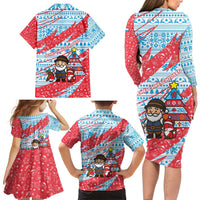 Luxembourg Christmas Family Matching Long Sleeve Bodycon Dress and Hawaiian Shirt with Santa Claus Fox Reindeer Tree and Red Blue Pattern Design - Wonder Print Shop
