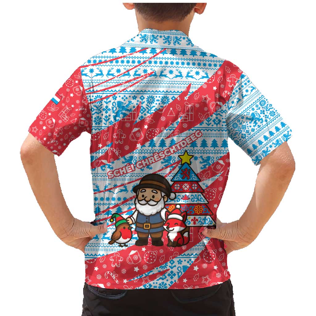 Luxembourg Christmas Family Matching Mermaid Dress and Hawaiian Shirt with Santa Claus Fox Reindeer Tree and Red Blue Pattern Design - Wonder Print Shop