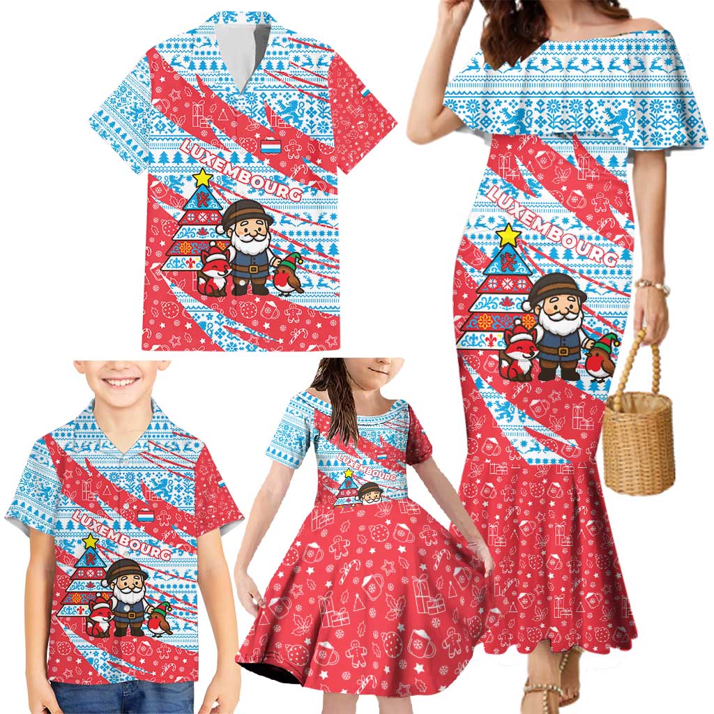 Luxembourg Christmas Family Matching Mermaid Dress and Hawaiian Shirt with Santa Claus Fox Reindeer Tree and Red Blue Pattern Design - Wonder Print Shop