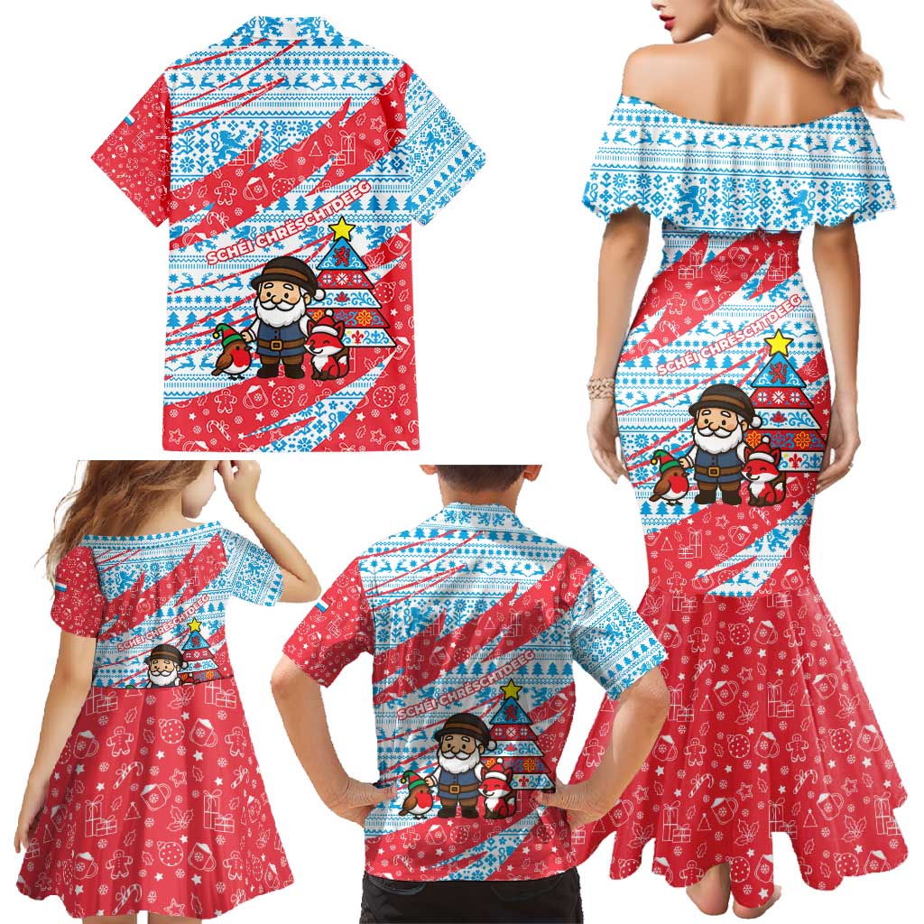 Luxembourg Christmas Family Matching Mermaid Dress and Hawaiian Shirt with Santa Claus Fox Reindeer Tree and Red Blue Pattern Design - Wonder Print Shop