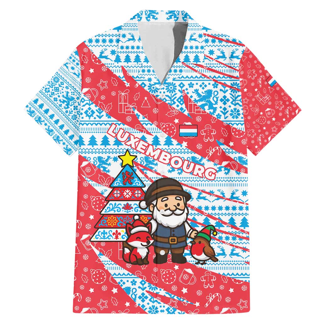 Luxembourg Christmas Family Matching Mermaid Dress and Hawaiian Shirt with Santa Claus Fox Reindeer Tree and Red Blue Pattern Design - Wonder Print Shop