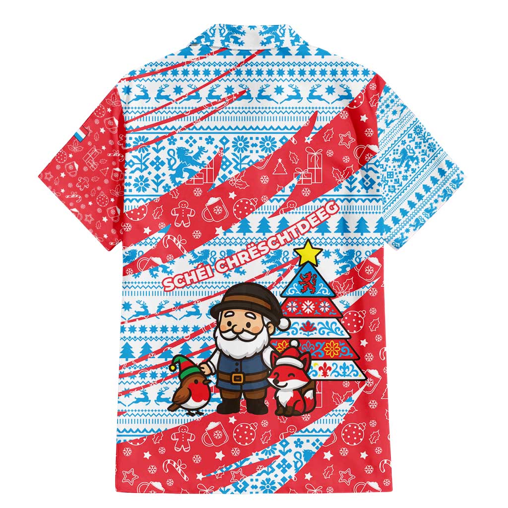 Luxembourg Christmas Family Matching Mermaid Dress and Hawaiian Shirt with Santa Claus Fox Reindeer Tree and Red Blue Pattern Design - Wonder Print Shop
