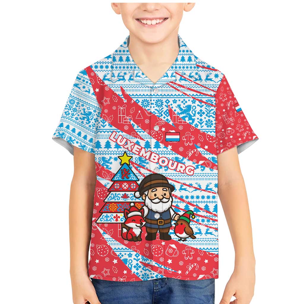 Luxembourg Christmas Family Matching Mermaid Dress and Hawaiian Shirt with Santa Claus Fox Reindeer Tree and Red Blue Pattern Design - Wonder Print Shop