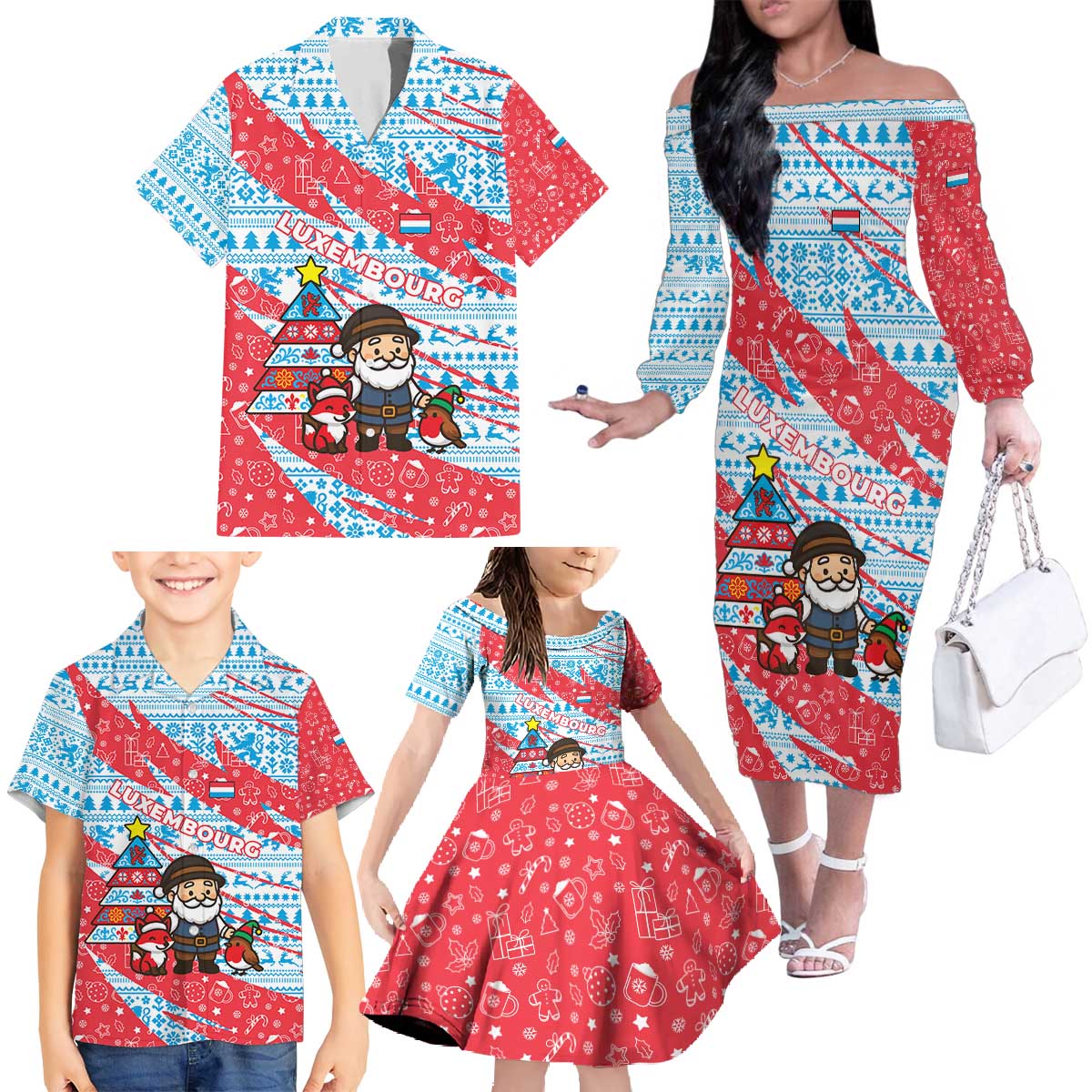 Luxembourg Christmas Family Matching Off The Shoulder Long Sleeve Dress and Hawaiian Shirt with Santa Claus Fox Reindeer Tree and Red Blue Pattern Design - Wonder Print Shop