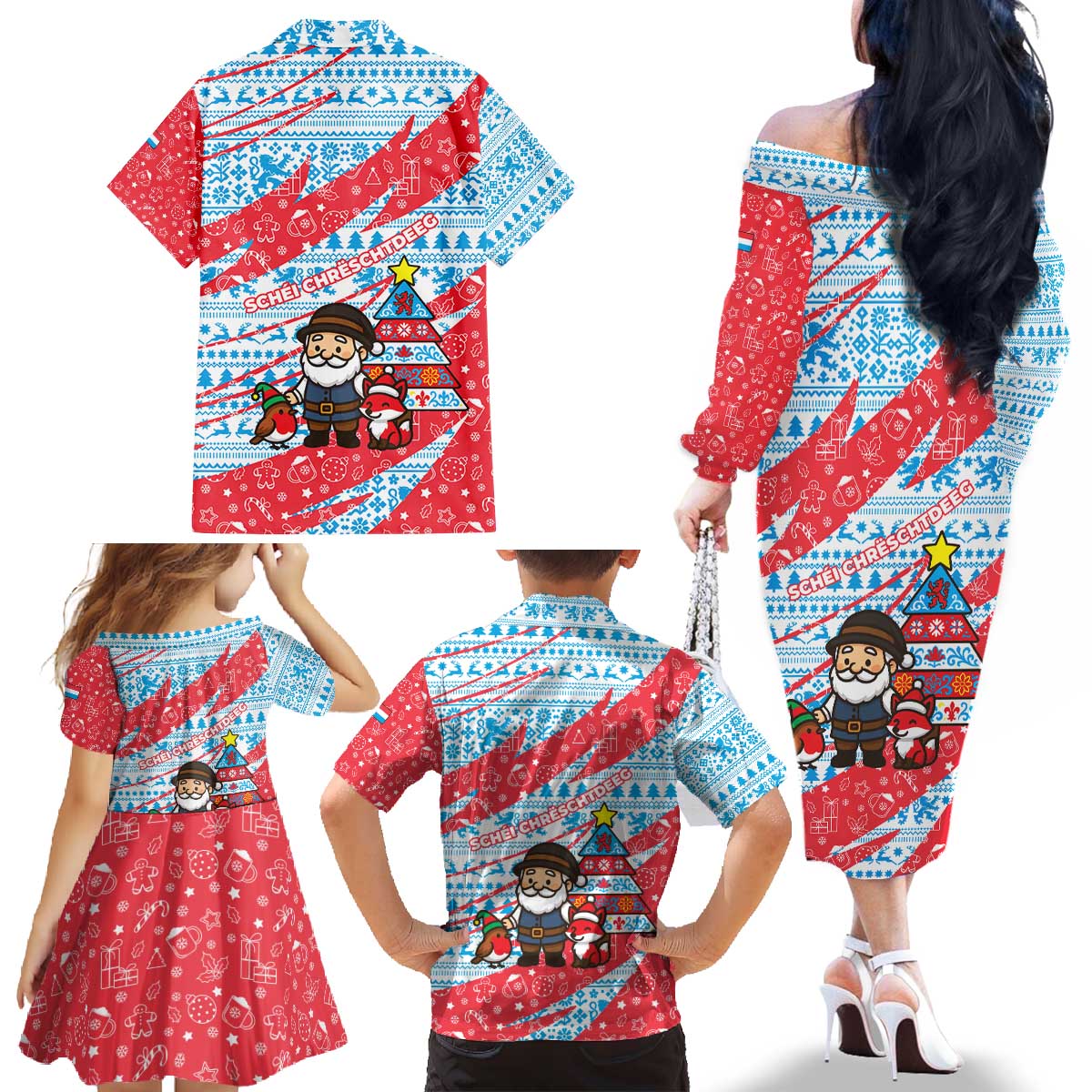 Luxembourg Christmas Family Matching Off The Shoulder Long Sleeve Dress and Hawaiian Shirt with Santa Claus Fox Reindeer Tree and Red Blue Pattern Design - Wonder Print Shop