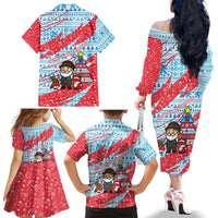 Luxembourg Christmas Family Matching Off The Shoulder Long Sleeve Dress and Hawaiian Shirt with Santa Claus Fox Reindeer Tree and Red Blue Pattern Design - Wonder Print Shop
