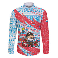 Luxembourg Christmas Family Matching Off The Shoulder Long Sleeve Dress and Hawaiian Shirt with Santa Claus Fox Reindeer Tree and Red Blue Pattern Design - Wonder Print Shop