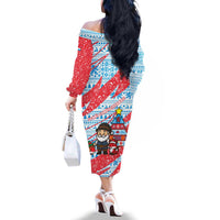 Luxembourg Christmas Family Matching Off The Shoulder Long Sleeve Dress and Hawaiian Shirt with Santa Claus Fox Reindeer Tree and Red Blue Pattern Design - Wonder Print Shop