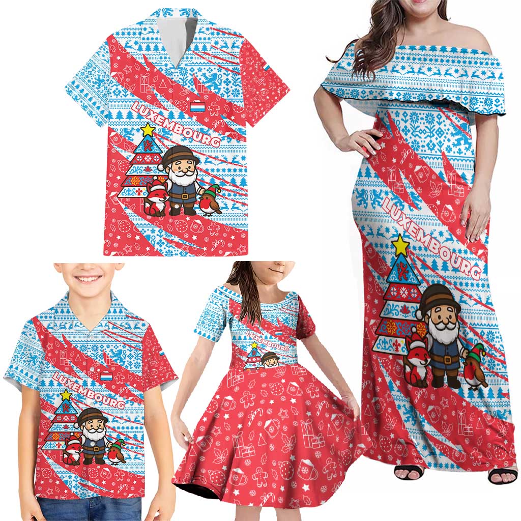 Luxembourg Christmas Family Matching Off Shoulder Maxi Dress and Hawaiian Shirt with Santa Claus Fox Reindeer Tree and Red Blue Pattern Design - Wonder Print Shop