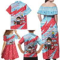 Luxembourg Christmas Family Matching Off Shoulder Maxi Dress and Hawaiian Shirt with Santa Claus Fox Reindeer Tree and Red Blue Pattern Design - Wonder Print Shop