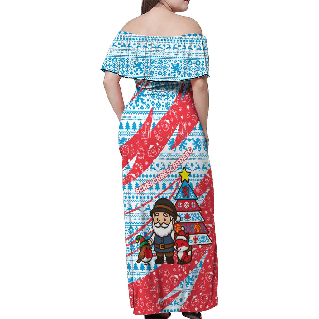 Luxembourg Christmas Family Matching Off Shoulder Maxi Dress and Hawaiian Shirt with Santa Claus Fox Reindeer Tree and Red Blue Pattern Design - Wonder Print Shop