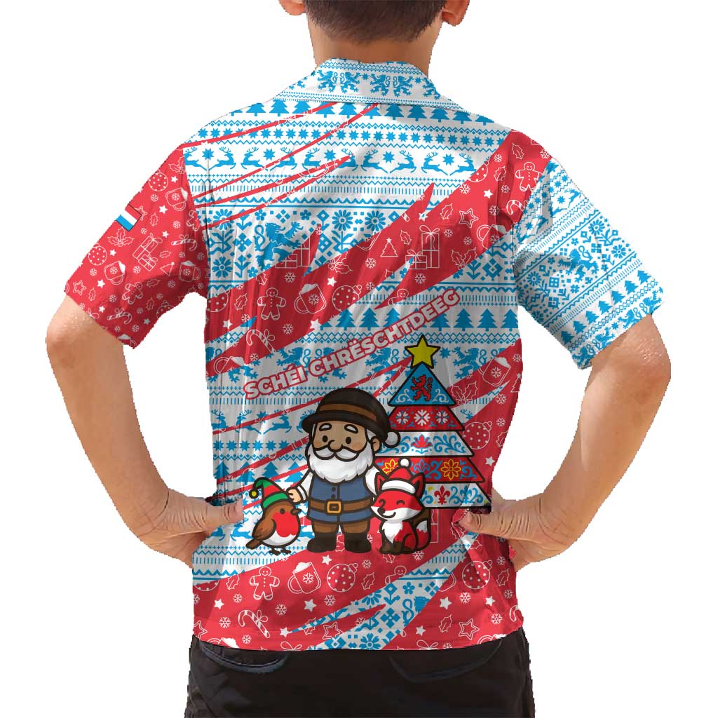 Luxembourg Christmas Family Matching Off Shoulder Short Dress and Hawaiian Shirt with Santa Claus Fox Reindeer Tree and Red Blue Pattern Design - Wonder Print Shop