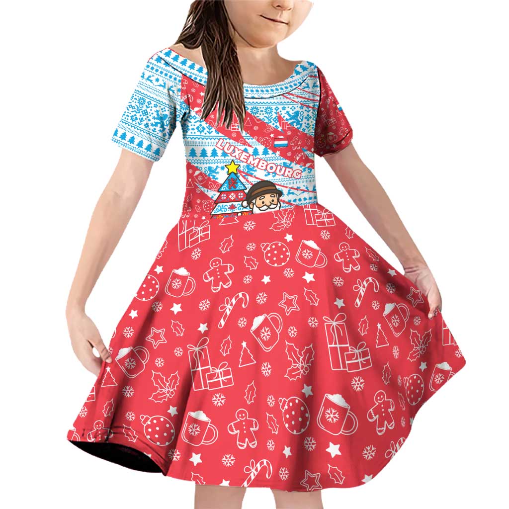 Luxembourg Christmas Family Matching Off Shoulder Short Dress and Hawaiian Shirt with Santa Claus Fox Reindeer Tree and Red Blue Pattern Design - Wonder Print Shop