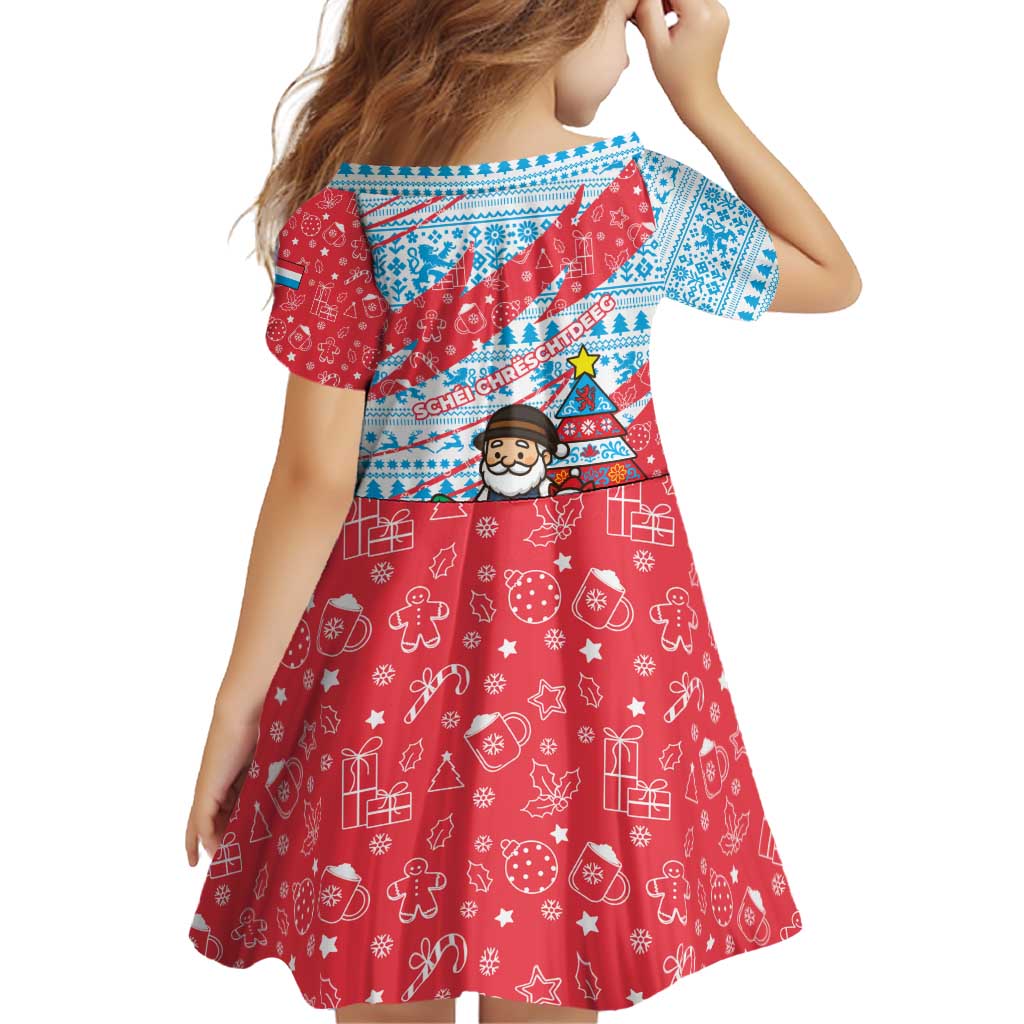 Luxembourg Christmas Family Matching Off Shoulder Short Dress and Hawaiian Shirt with Santa Claus Fox Reindeer Tree and Red Blue Pattern Design - Wonder Print Shop