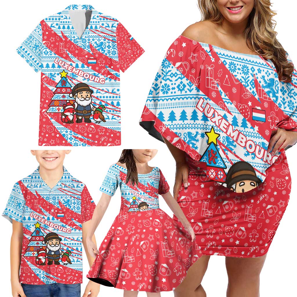 Luxembourg Christmas Family Matching Off Shoulder Short Dress and Hawaiian Shirt with Santa Claus Fox Reindeer Tree and Red Blue Pattern Design - Wonder Print Shop