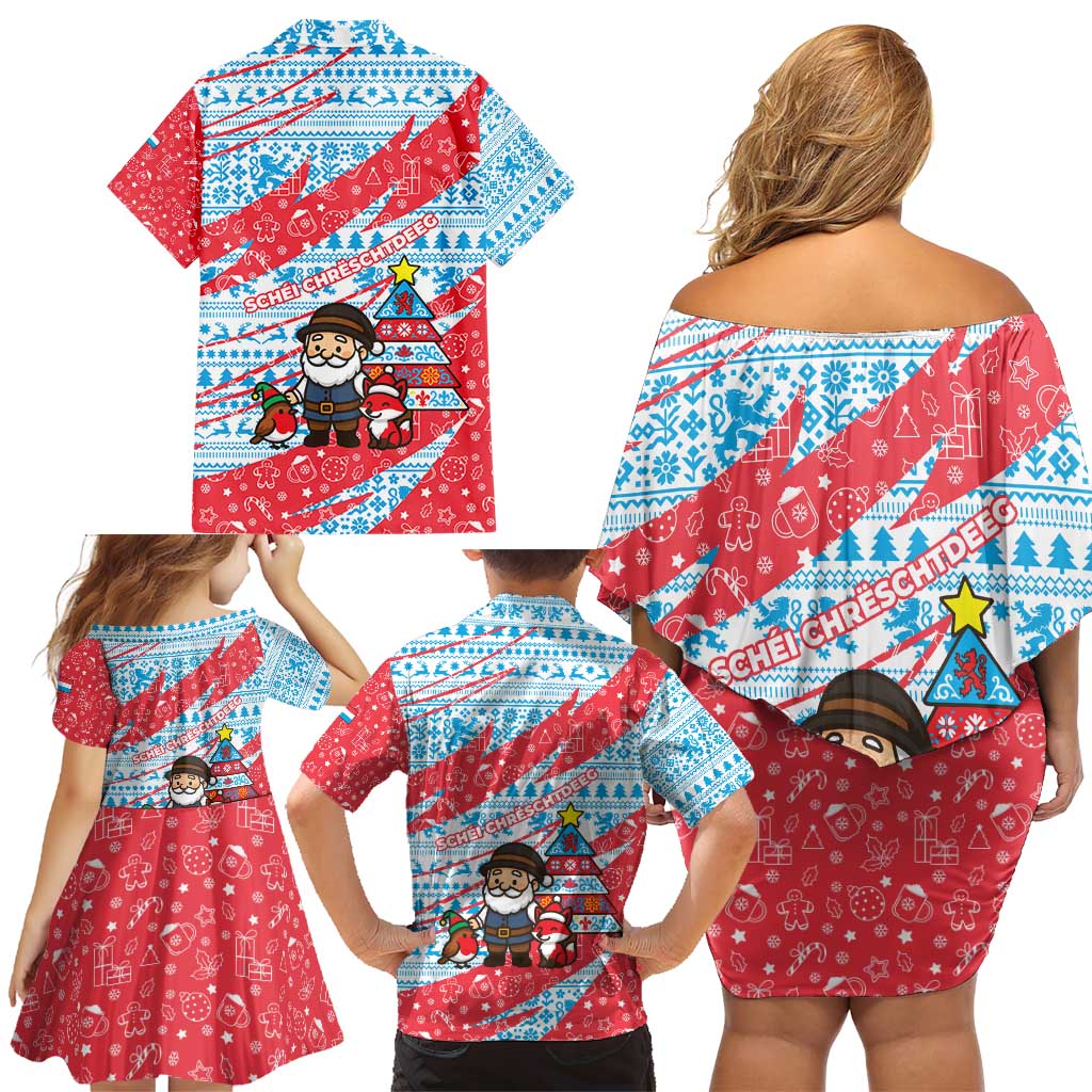 Luxembourg Christmas Family Matching Off Shoulder Short Dress and Hawaiian Shirt with Santa Claus Fox Reindeer Tree and Red Blue Pattern Design - Wonder Print Shop