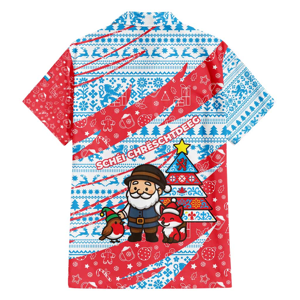 Luxembourg Christmas Family Matching Off Shoulder Short Dress and Hawaiian Shirt with Santa Claus Fox Reindeer Tree and Red Blue Pattern Design - Wonder Print Shop