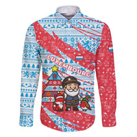 Luxembourg Christmas Family Matching Off Shoulder Short Dress and Hawaiian Shirt with Santa Claus Fox Reindeer Tree and Red Blue Pattern Design - Wonder Print Shop
