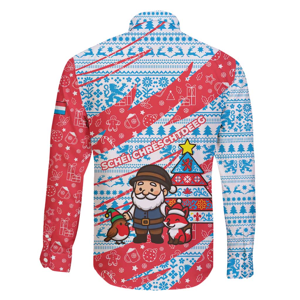 Luxembourg Christmas Family Matching Off Shoulder Short Dress and Hawaiian Shirt with Santa Claus Fox Reindeer Tree and Red Blue Pattern Design - Wonder Print Shop