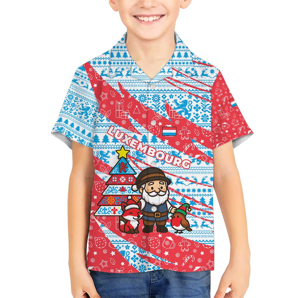 Luxembourg Christmas Family Matching Off Shoulder Short Dress and Hawaiian Shirt with Santa Claus Fox Reindeer Tree and Red Blue Pattern Design - Wonder Print Shop