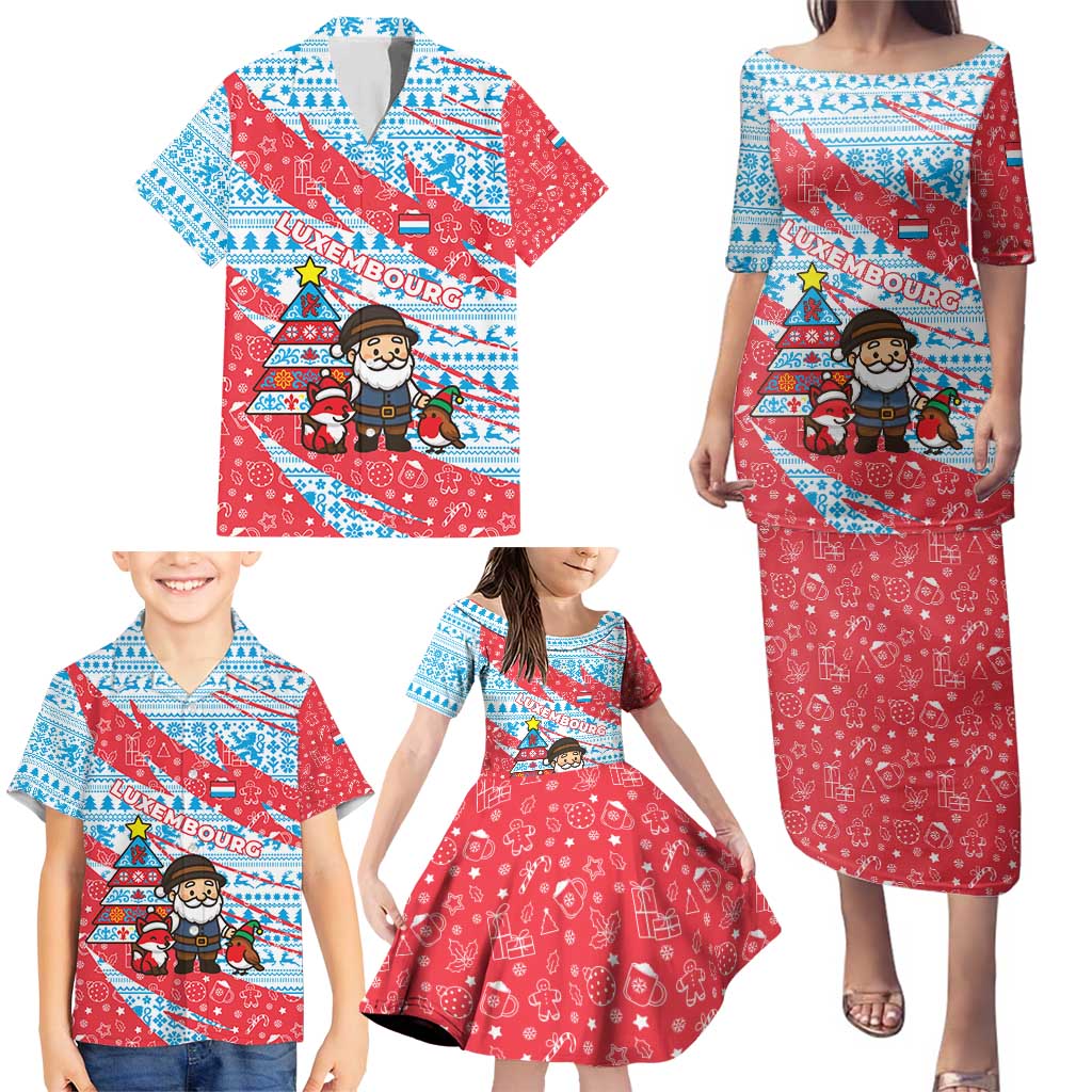 Luxembourg Christmas Family Matching Puletasi and Hawaiian Shirt with Santa Claus Fox Reindeer Tree and Red Blue Pattern Design - Wonder Print Shop