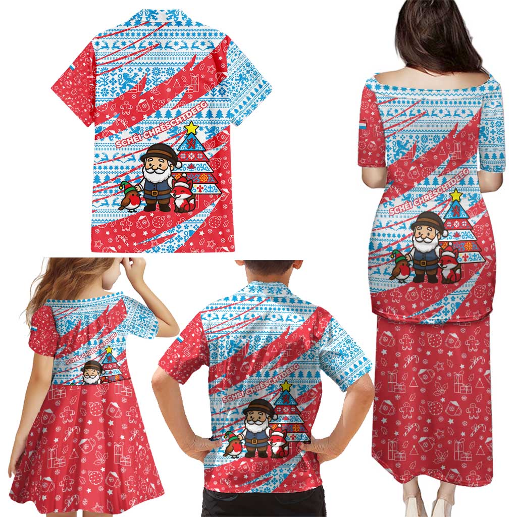Luxembourg Christmas Family Matching Puletasi and Hawaiian Shirt with Santa Claus Fox Reindeer Tree and Red Blue Pattern Design - Wonder Print Shop