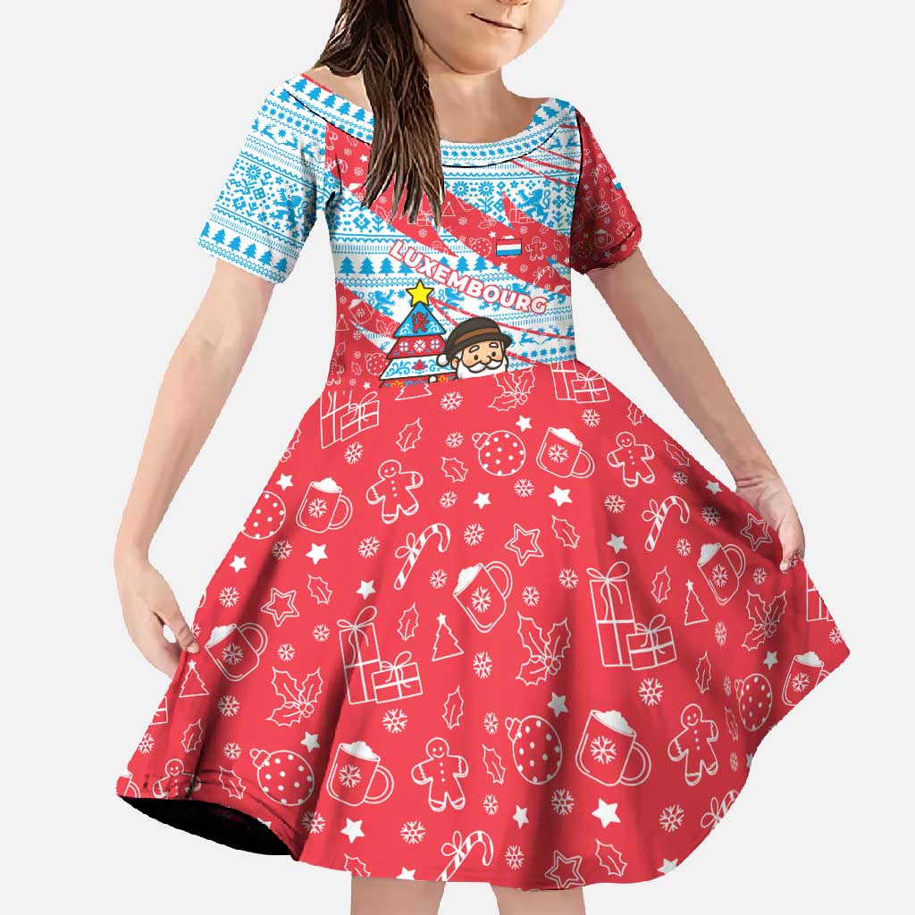 Luxembourg Christmas Family Matching Short Sleeve Bodycon Dress and Hawaiian Shirt with Santa Claus Fox Reindeer Tree and Red Blue Pattern Design - Wonder Print Shop