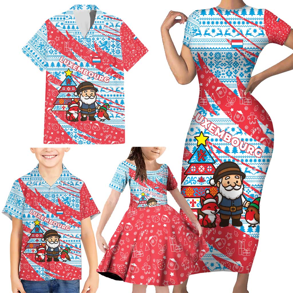 Luxembourg Christmas Family Matching Short Sleeve Bodycon Dress and Hawaiian Shirt with Santa Claus Fox Reindeer Tree and Red Blue Pattern Design - Wonder Print Shop