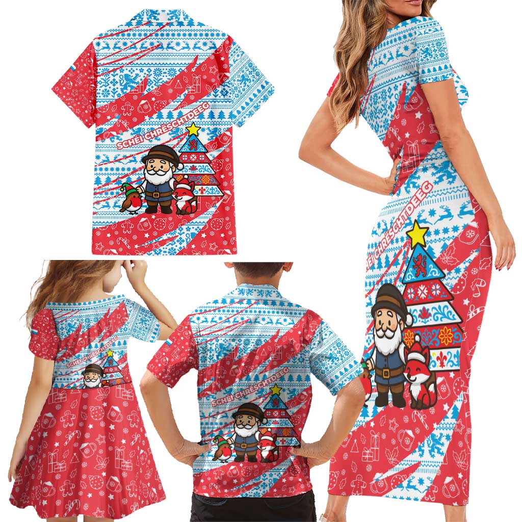 Luxembourg Christmas Family Matching Short Sleeve Bodycon Dress and Hawaiian Shirt with Santa Claus Fox Reindeer Tree and Red Blue Pattern Design - Wonder Print Shop