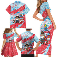 Luxembourg Christmas Family Matching Short Sleeve Bodycon Dress and Hawaiian Shirt with Santa Claus Fox Reindeer Tree and Red Blue Pattern Design - Wonder Print Shop