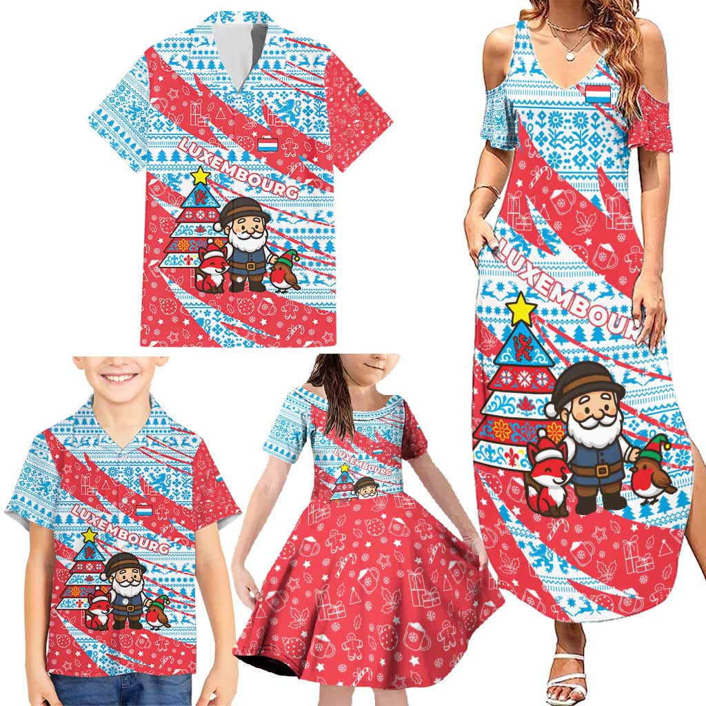 Luxembourg Christmas Family Matching Summer Maxi Dress and Hawaiian Shirt with Santa Claus Fox Reindeer Tree and Red Blue Pattern Design - Wonder Print Shop